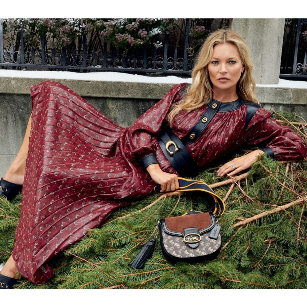 COACH Lurex Horse Carriage Print Pleated Dress Silk Leather Trim Red 88469 XS